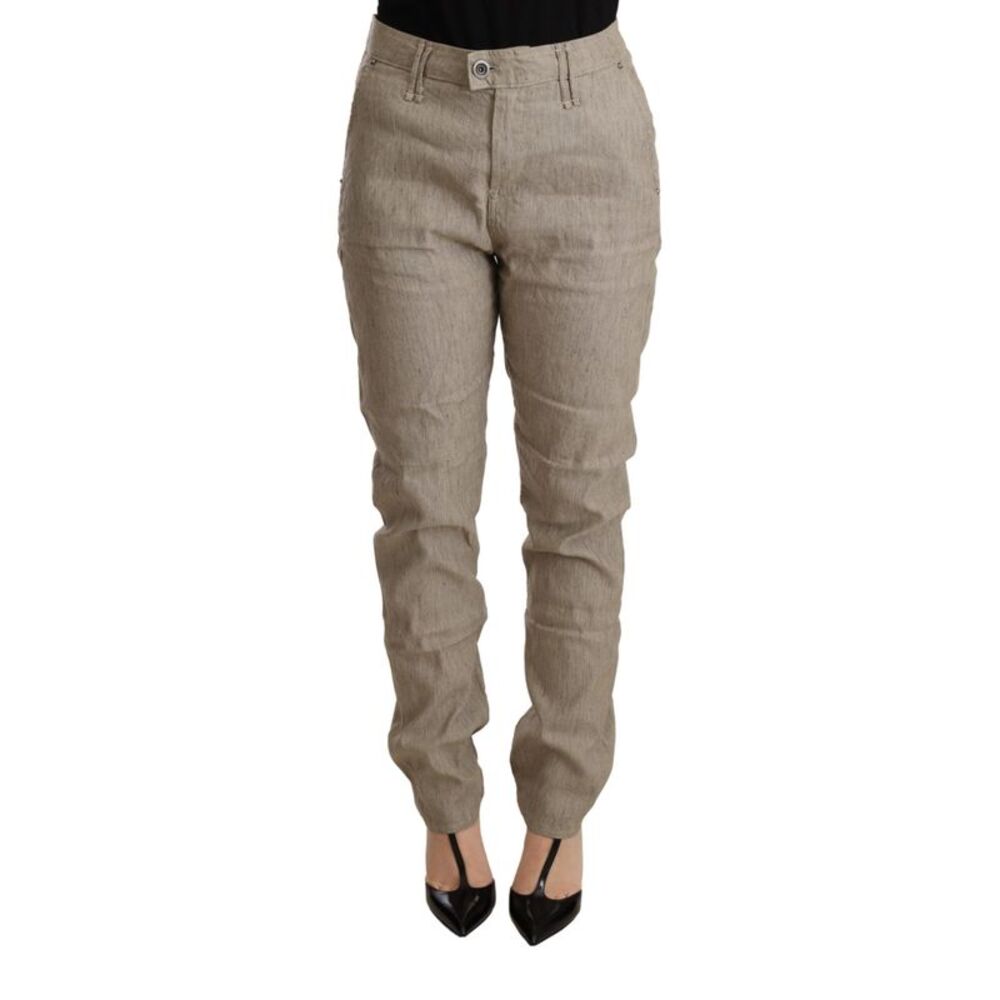 CYCLE Beige Mid Waist Casual Baggy Stretch Women's Trouser